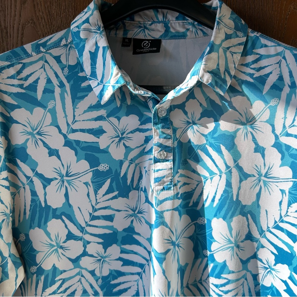 GreenSide Golf Men's XL Polo Shirt Blue White Hibiscus Hawaiian Floral